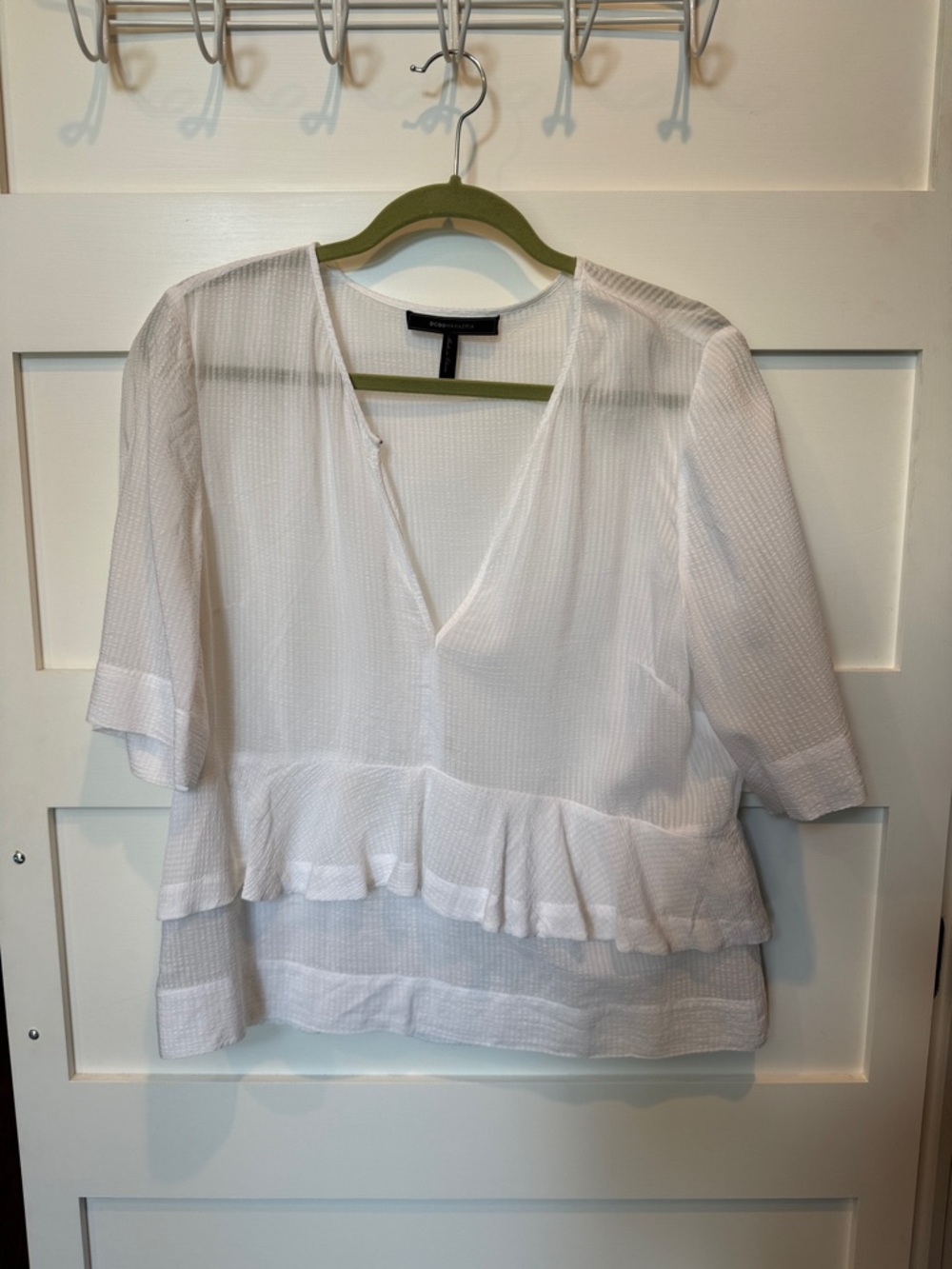 BCBGMaxAzria White Ruffle V-Neck Peplum Blouse